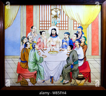 Religious oil painting 'The Last Supper of Jesus', painting with Mongolian faces of an unknown artist in the Bishop's House in Guwahati, Assam, India Stock Photo