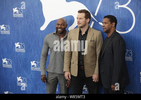 (From let) American actor Denzel Washington, actors Chris Pratt and Antoine Fuqua attend a press conference for their movie 'The Magnificent Seven' du Stock Photo