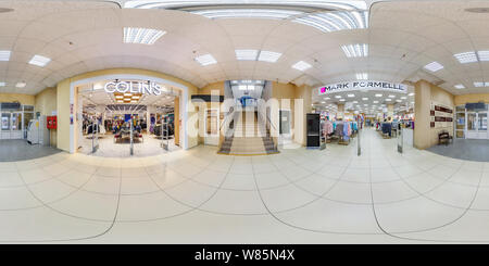 360 degree panoramic view of MINSK, BELARUS - MAY 2018: Full spherical seamless panorama 360 degrees in interior of shop with shelves fabrics in elite textiles department store in