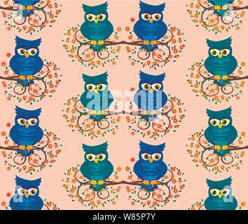 Seamless pattern with blue owl-boys on branches against the background of LGBT symbols, the concept of male love. Two owls gays in love Stock Vector