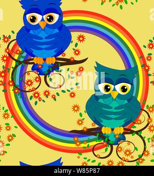 Seamless pattern with blue owl-boys on branches against the background of LGBT symbols, the concept of male love. Two owls gays in love Stock Vector