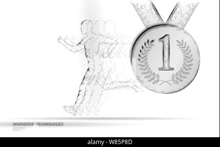 Sportsman run competition winner fitness concept. Low poly man silhouette jogging contest fit marathon. First place leader medal ribbon honor runner Stock Vector