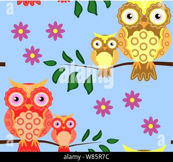 seamless pattern on the theme of family and nature. A family of owls sitting on a tree branch among flowers Stock Vector