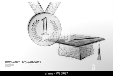 E-learning distance graduate certificate achievement program concept. Low poly 3D first 1 place winner contest. Internet education business course Stock Vector