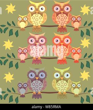 seamless pattern on the theme of family and nature. A family of owls sitting on a tree branch among flowers Stock Vector