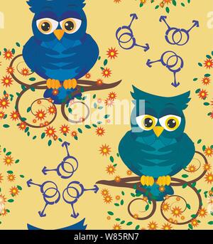Seamless pattern with blue owl-boys on branches against the background of LGBT symbols, the concept of male love. Two owls gays in love Stock Vector