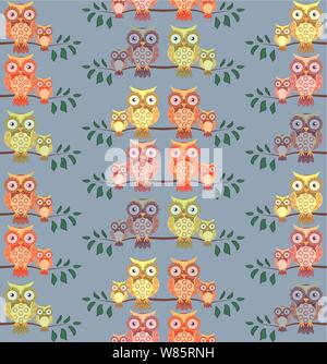 seamless pattern on the theme of family and nature. A family of owls sitting on a tree branch among flowers Stock Vector