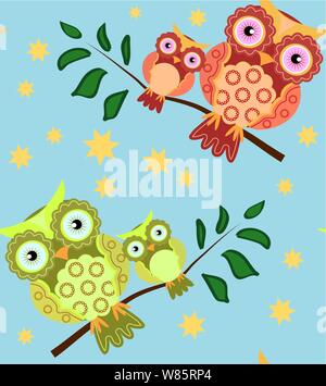 seamless pattern on the theme of family and nature. A family of owls sitting on a tree branch among flowers Stock Vector