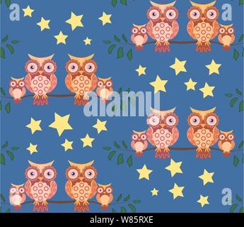 seamless pattern on the theme of family and nature. A family of owls sitting on a tree branch among flowers Stock Vector