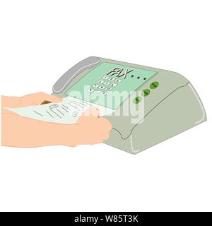 hand man are using a fax machine equipment for data transmission vector illustration Stock Vector