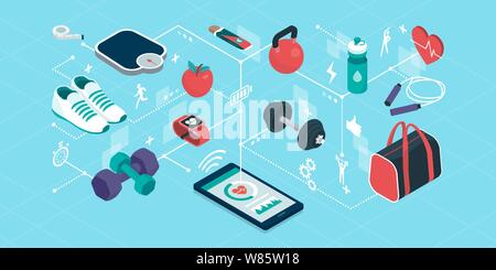 Fitness and sports equipment in a smartphone app, isometric objects connecting together, workout and fitness tracker app Stock Vector