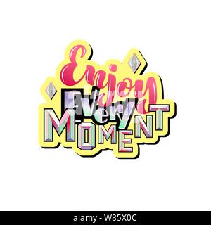 Vector. Hand lettering - Enjoy every moment. Color text on a yellow background. Crystals. For web site, cafe, shop, interior design, t-shirt or bag Stock Vector