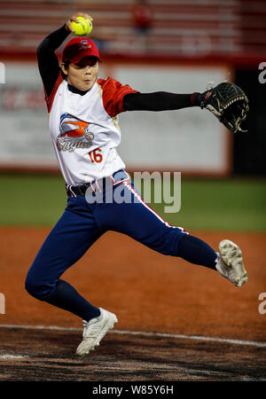 Rosemont, USA. 7th Aug, 2019. The Eagles' Zhao Xinxing pitches during the National Fast Pitch Softball game between the Beijing Shougang Eagles and the Chicago Bandits, at Rosemont, Illinois, the United States, on Aug. 7, 2019. Credit: Joel Lerner/Xinhua/Alamy Live News Stock Photo