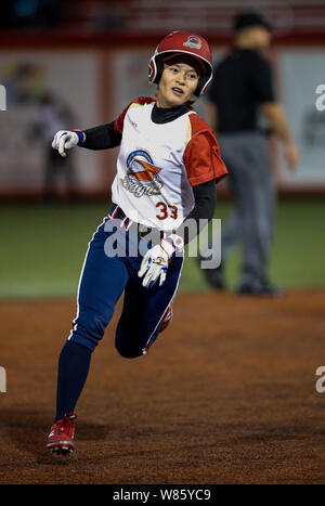 Rosemont, USA. 7th Aug, 2019. The Eagles' Li Huan runs the bases during the National Fast Pitch Softball game between the Beijing Shougang Eagles and the Chicago Bandits, at Rosemont, Illinois, the United States, on Aug. 7, 2019. Credit: Joel Lerner/Xinhua/Alamy Live News Stock Photo