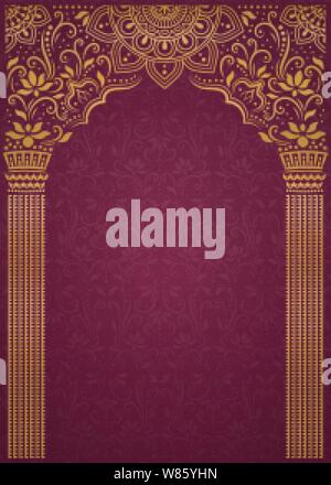 Elegant golden arch and pillar on burgundy red background Stock Vector