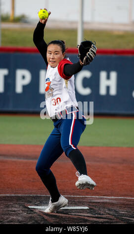 (190808) -- ROSEMONT, Aug. 8, 2019 (Xinhua) -- The Eagles' Wang Lan pitches during the National Fast Pitch Softball game between the Beijing Shougang Eagles and the Chicago Bandits, at Rosemont, Illinois, the United States, on Aug. 7, 2019. (Xinhua/Joel Lerner) Stock Photo