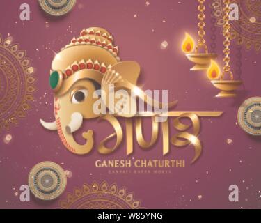 Ganesh chaturthi design with golden Ganesha's head and oil lamps on purple mandala background Stock Vector