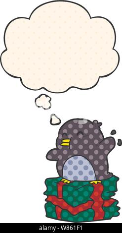 cartoon penguin on present with thought bubble in comic book style Stock Vector