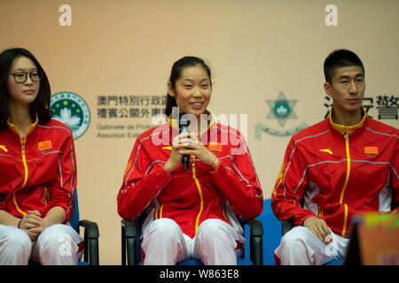 (From left) Chinese swimming star Fu Yuanhui, Zhu Ting of Chinese national women's volleyball team and Chinese taekwondo star Zhao Shuai attend a dial Stock Photo