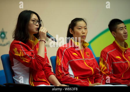 (From left) Chinese swimming star Fu Yuanhui, Zhu Ting of Chinese national women's volleyball team and Chinese taekwondo star Zhao Shuai attend a dial Stock Photo