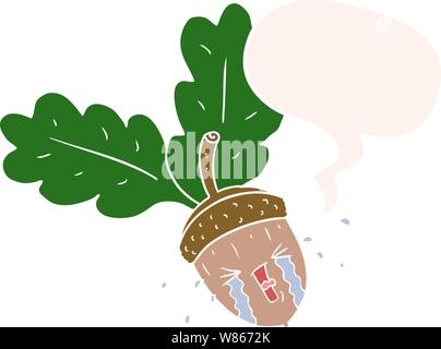 cartoon crying acorn with speech bubble in retro style Stock Vector