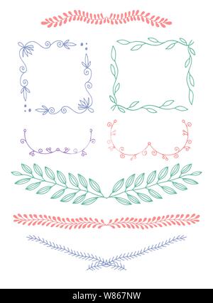 set of hand drawing doodle page divider, border, corner in doodle floral style Stock Vector