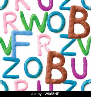 Seamless pattern with alphabet. Handmade modeling clay letters. Realistic 3d vector background. Stock Vector