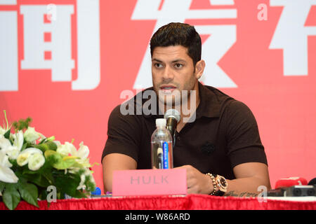 Brazilian football star Givanildo Vieira de Sousa, better known as Hulk, speaks at a press conference for joining Shanghai SIPG Football Club in Shang Stock Photo