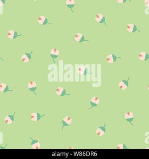 Folk flowers seamless vector repeating background. Pink on green. Scandinavian tulip flowers. Scattered small florals pattern. For fabric, girl Stock Vector