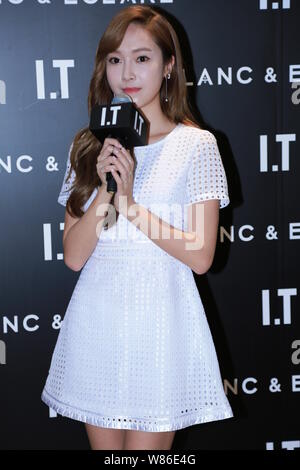 South Korean singer and actress Jessica Jung Soo-yeon speaks at a promotional event for her own brand Blanc & Eclare in Shanghai, China, 8 July 2016. Stock Photo