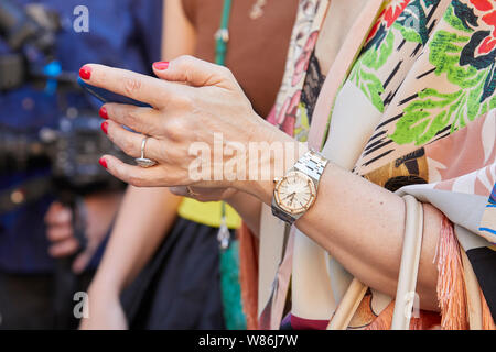 MILAN ITALY JUNE 16 2019 Woman with Audemars Piguet Royal Oak