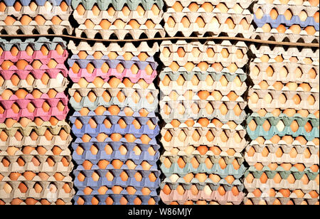 full frame shot of stacked cartons of free range farm eggs Stock Photo