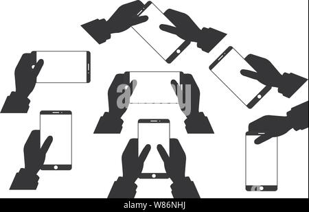 Crowd of people shoot the event on a smartphone. In the hands of the camera shoots a video at a party concert. Isolated silhouette set vector - Vector Stock Vector