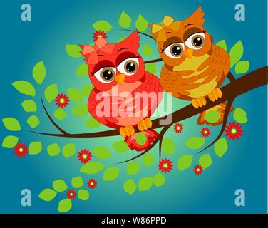 Cute multi-colored owls on a flowering branch of a tree. Spring, summer, postcard, holiday Stock Vector