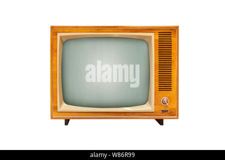 Vintage TV set isolated on white background, ananog television technology