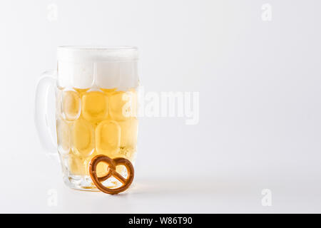 Oktoberfest beer in jar and pretzel isolated on white background. Copyspace Stock Photo