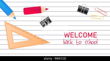 Love to study quote with school supplies on letters background horizontal web banner Stock Vector