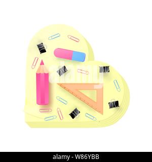 Realistic memory stickers notebook, with eraser, clips, ruler and pink colour pencil. School supplies vector design. Stock Vector
