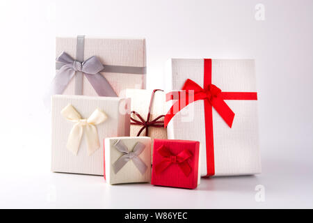 Variety gift boxes isolated on white background Stock Photo