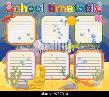 Design of the school timetable for kids. Bright underwater background for the planning of the school week Stock Vector