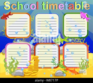 Design of the school timetable for kids. Bright underwater background for the planning of the school week Stock Vector