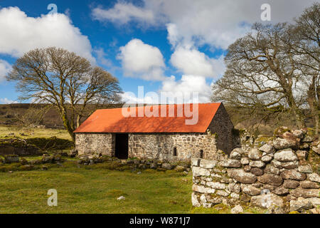 Pretty red roof barn at Emsworthy Mire, Dartmoor National Park, Devon. the barn looks idyllic in the Dartmoor countryside Stock Photo