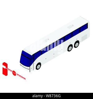 Car barrier gate with stop sign and city bus isometric view. Entry system concept Stock Vector
