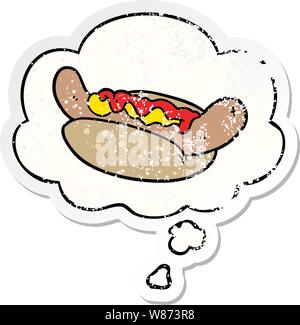 cartoon hot dog with thought bubble as a distressed worn sticker Stock Vector