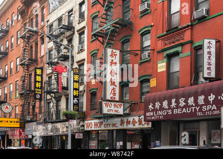 Chinatown New York, view along Mott Street in the center of Chinatown in downtown Manhattan, New York City, USA Stock Photo