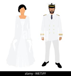 Woman in white wedding dress and man captain in white uniform Stock Vector