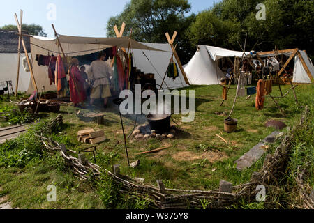 A tent used by a group of volunteers at Ribe Viking Centre at Lostrupholm, Denmark. Stock Photo