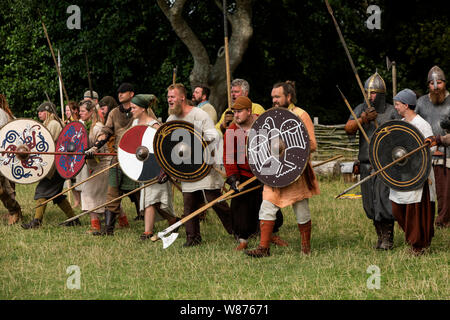 Viking warriors are fighting on the battlefield at Ribe Viking Centre in Lostrupholm near Ribe, Denmark. Stock Photo