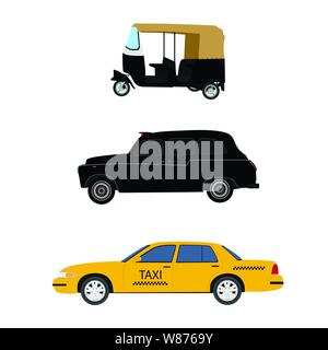 Taxi cab icon set:  yellow taxi, London cab and indian tuk-tuk moto rickshaw. Vector illustration Stock Vector