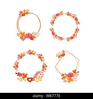 Bundle of vector frame autumn bouquet wreath with place for text. Orange leaves, berries and pumpkin isolated. Perfect for seasonal holidays Stock Vector